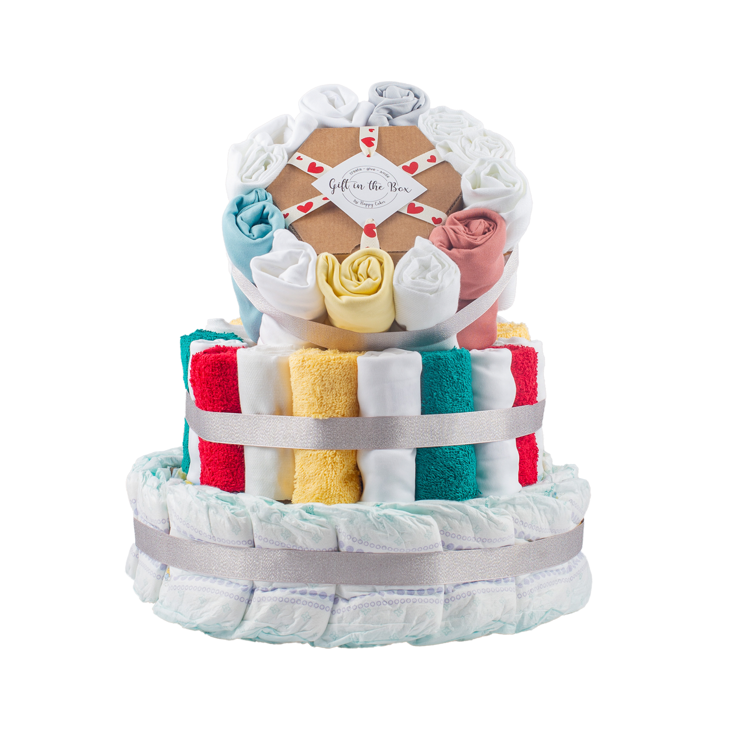 Stylish 4-Tier Multi-Coloured Nappy Cake Nappy Cake