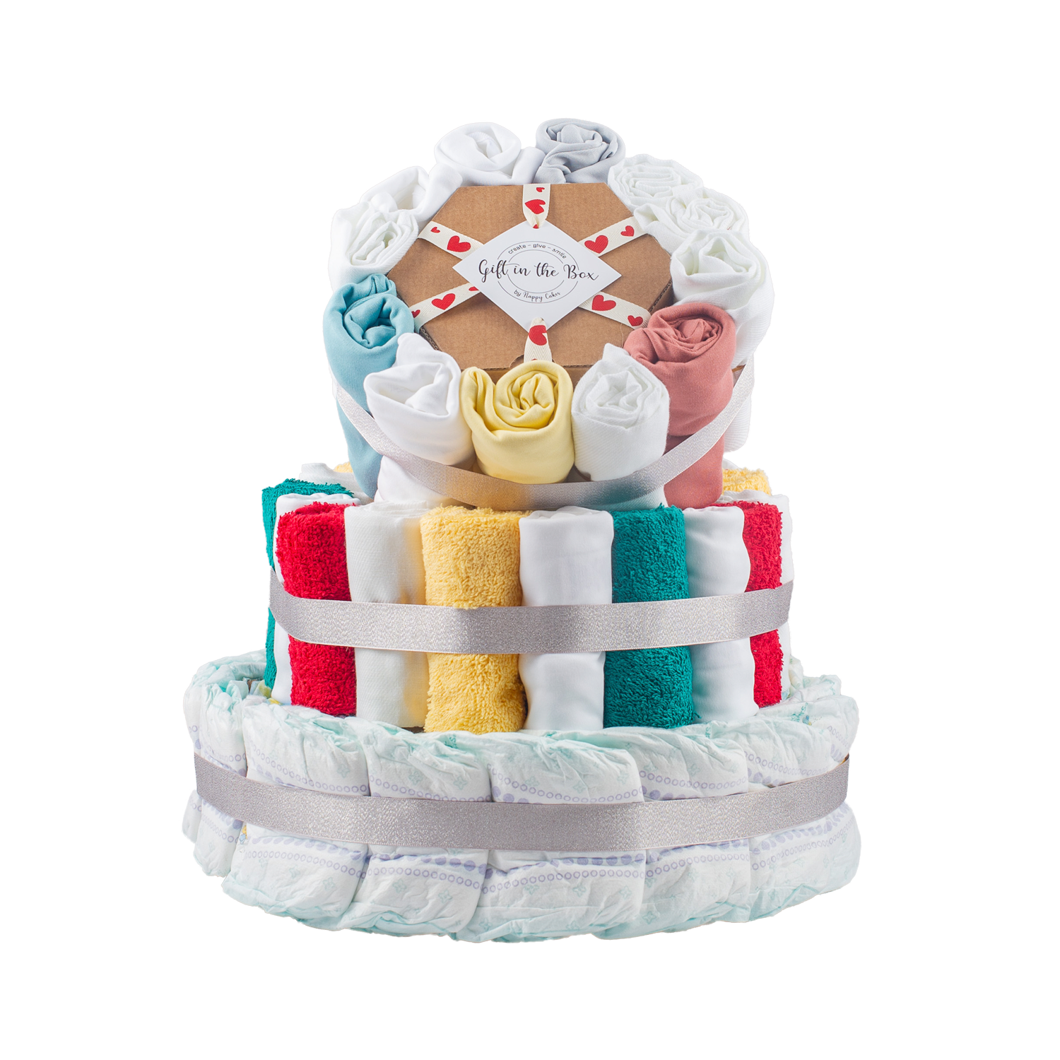 Stylish 4-Tier Multi-Coloured Nappy Cake Nappy Cake