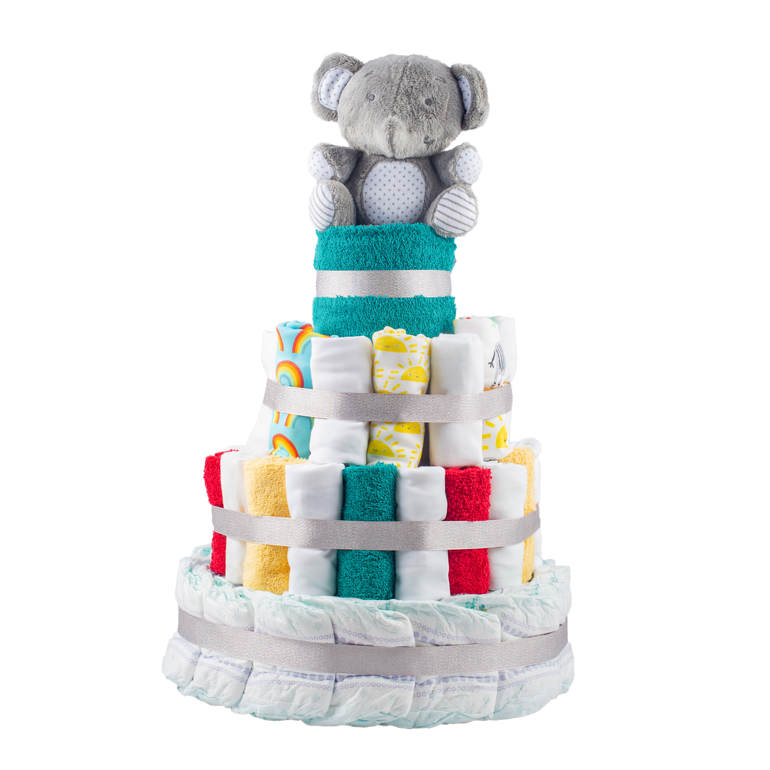 Stylish 4-Tier Multi-Coloured Nappy Cake Nappy Cake