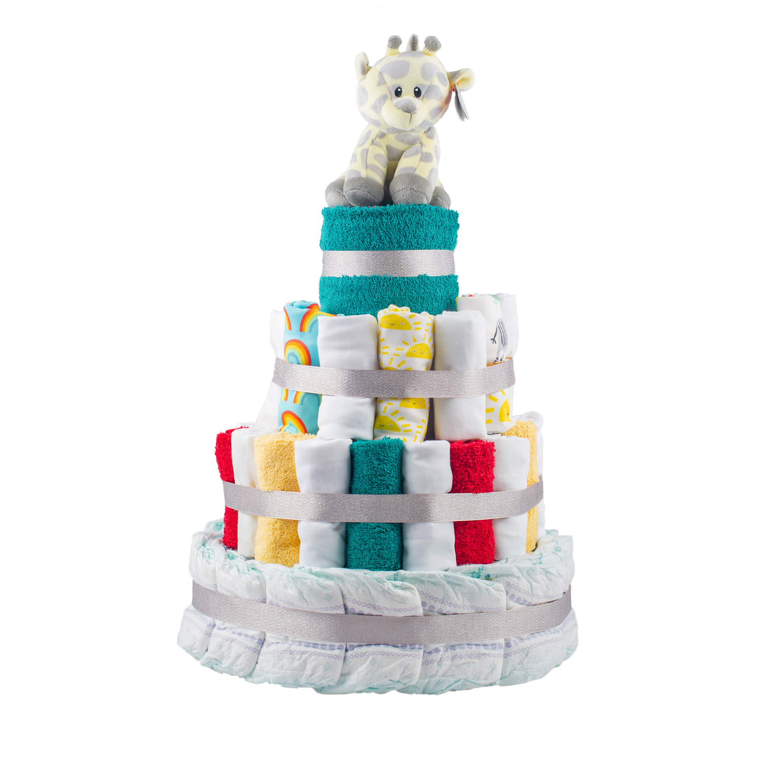 Stylish 4-Tier Multi-Coloured Nappy Cake Nappy Cake